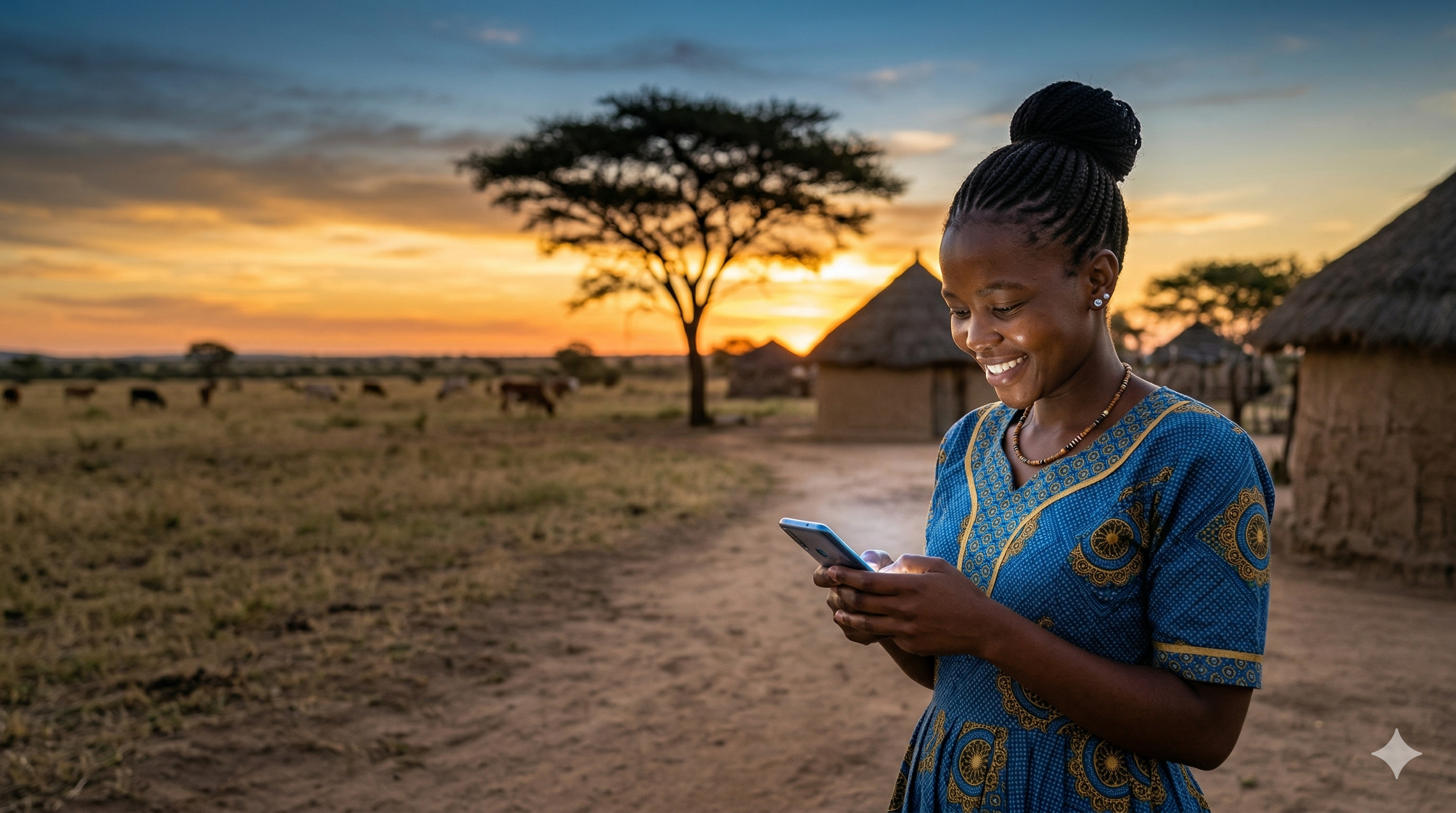 A young Motswana woman in a rural village connecting via smartphone, symbolising universal digital access